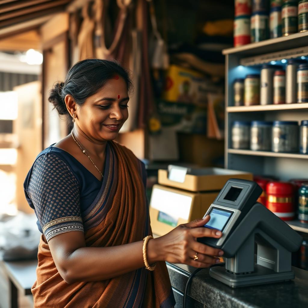Agent assisting a customer with Aadhaar-enabled banking on a biometric POS